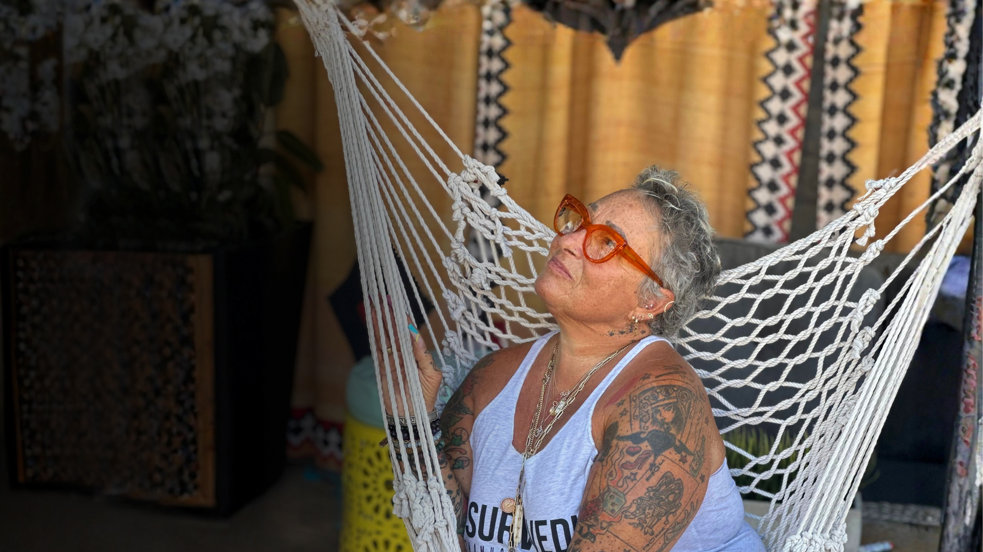 Jackie Windham resting in a hammock